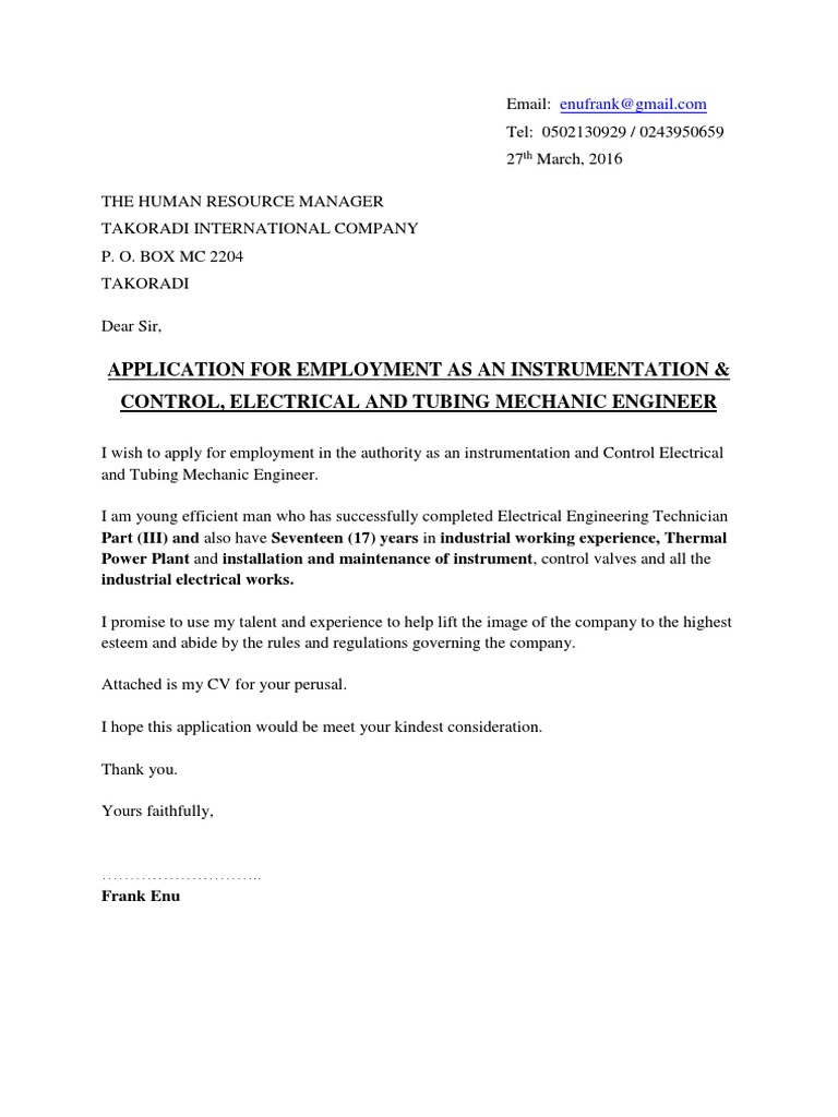Application For Employment As An Instrumentation &amp; Control, Electrical ...