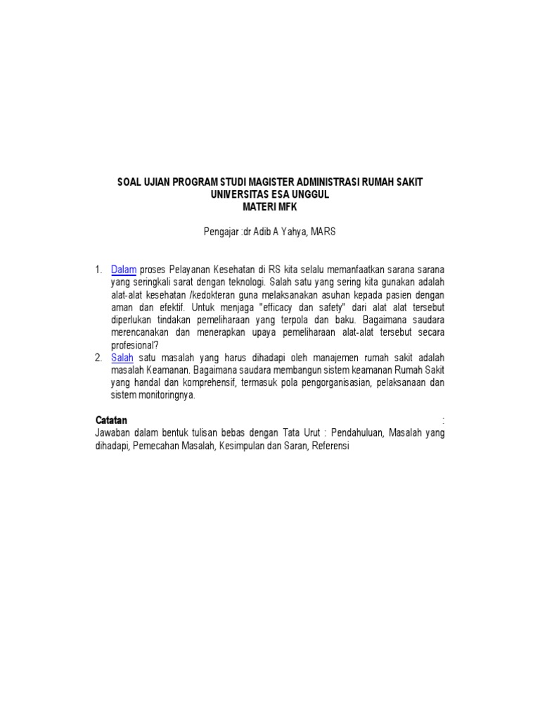 Soal Ujian Program Studi Magister Administrasi Rumah Sakit