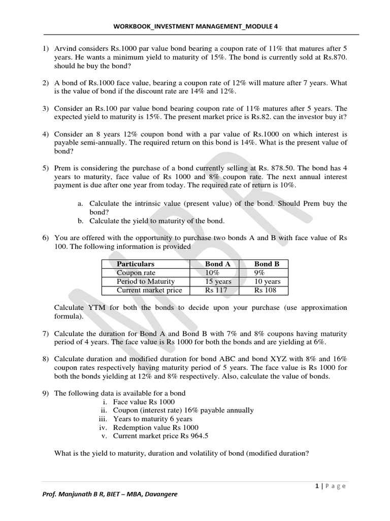 Workbook Investment Management Module 4 Particulars Bond A Bond B