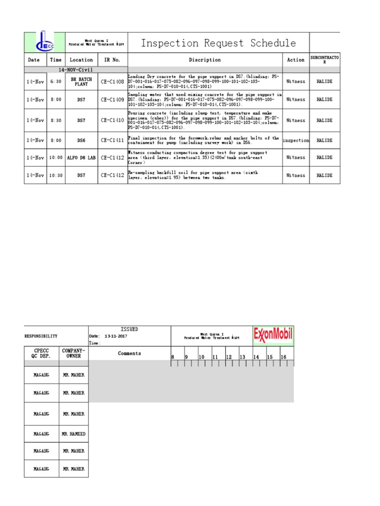 Inspection Request Schedule (14.11) | PDF | Concrete | Building Engineering