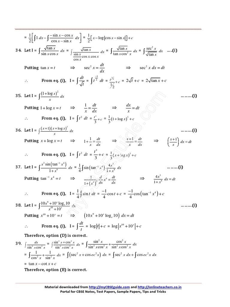 CBSE Calculus Integration Problems | PDF