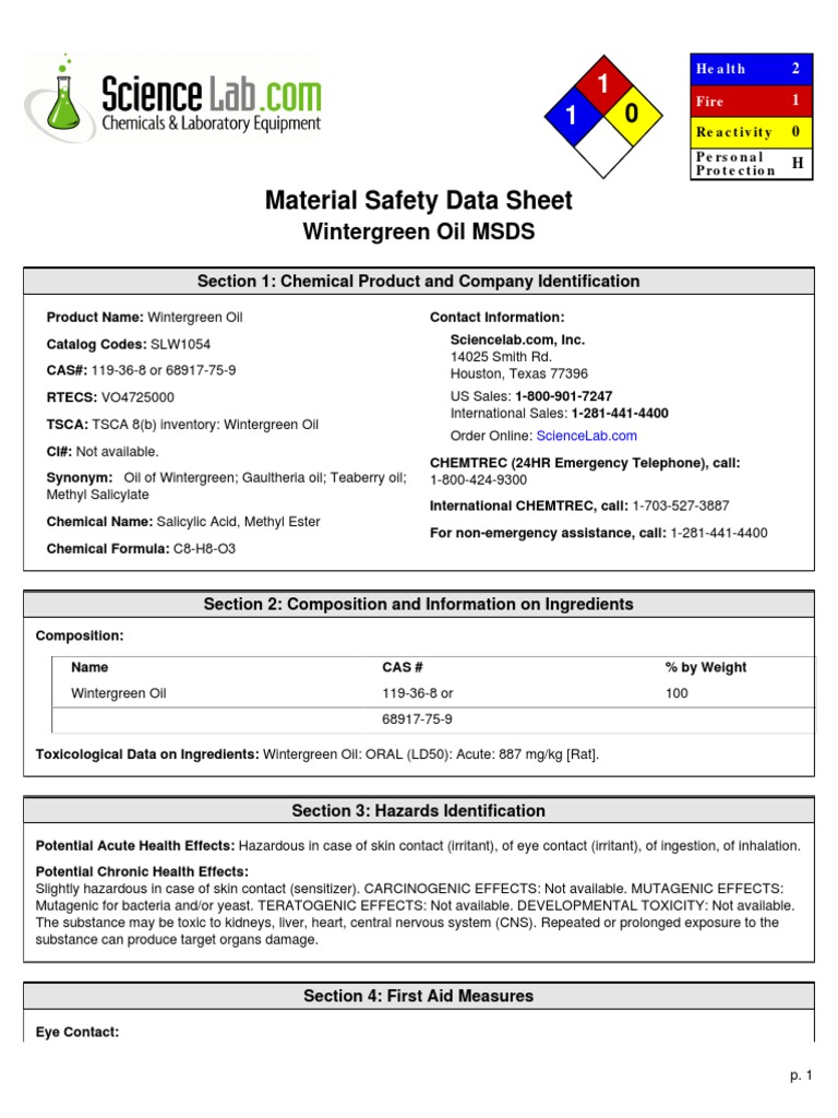 Wintergreen Oil MSDS Section 1 Chemical Product and Company