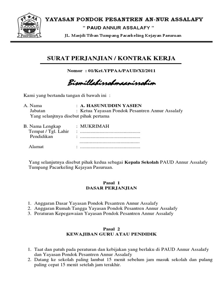 Surat Kontrak Guru Paud