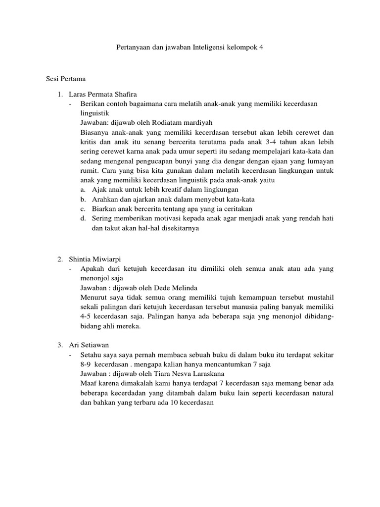 Pertanyaan Dan Jawaban Inteligensi Kelompok 4