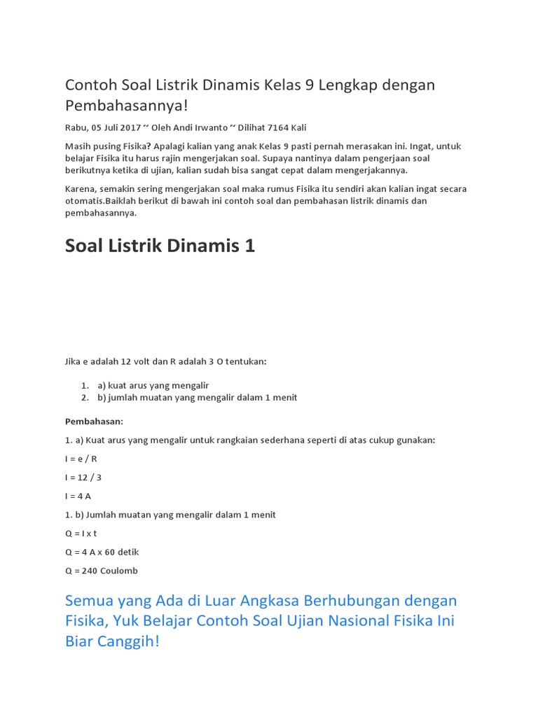 Contoh Soal Dan Pembahasan Listrik Dinamis - Contoh Soal Terbaru
