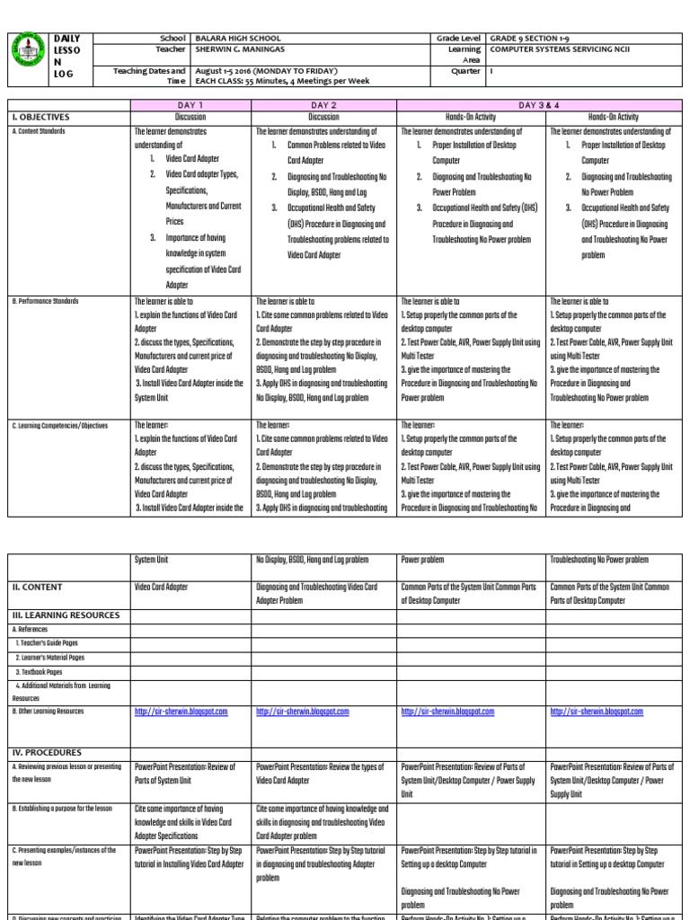 Grade 9 Computer Systems Lesson Plan | PDF | Troubleshooting | Tutorial