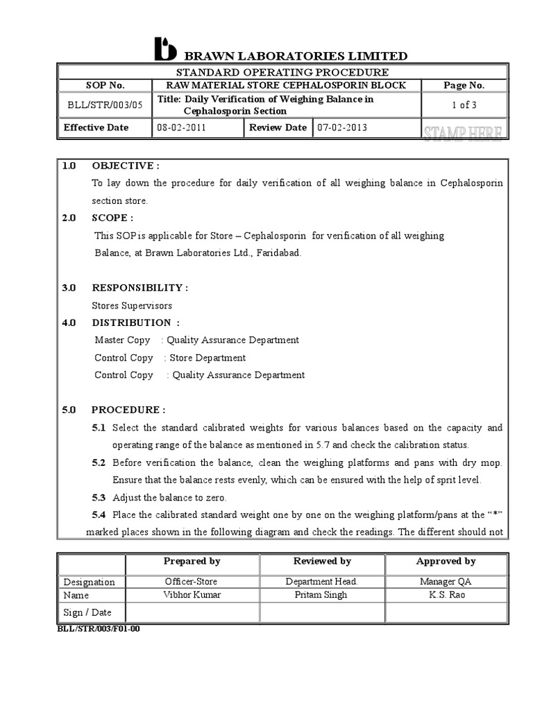 Daily Weighing Balance Verification SOP | PDF | Weighing Scale ...