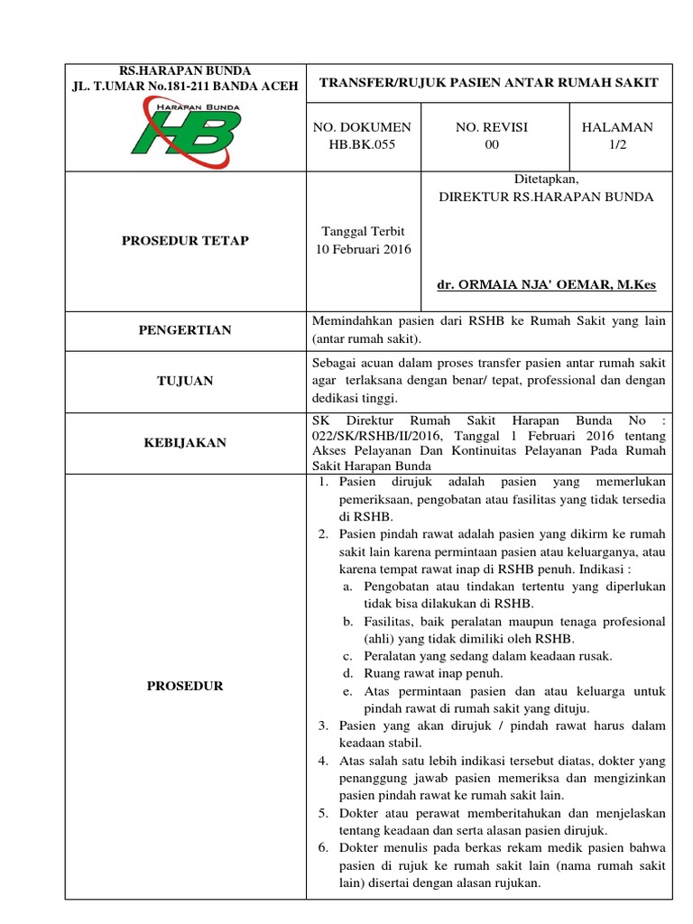 BK 055. Sop Transfer Rujuk Pasien Antar Rumah Sakit | PDF