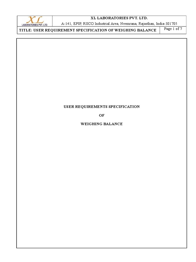 User Requirement Specification for a 10 kg Weighing Balance for XL
