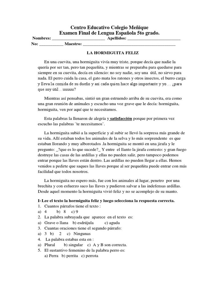 Examen de Lengua Española de 5to Segundo Semestre PDF Palabra