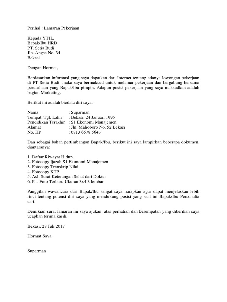 Contoh Surat Lamaran Kerja Doc 1
