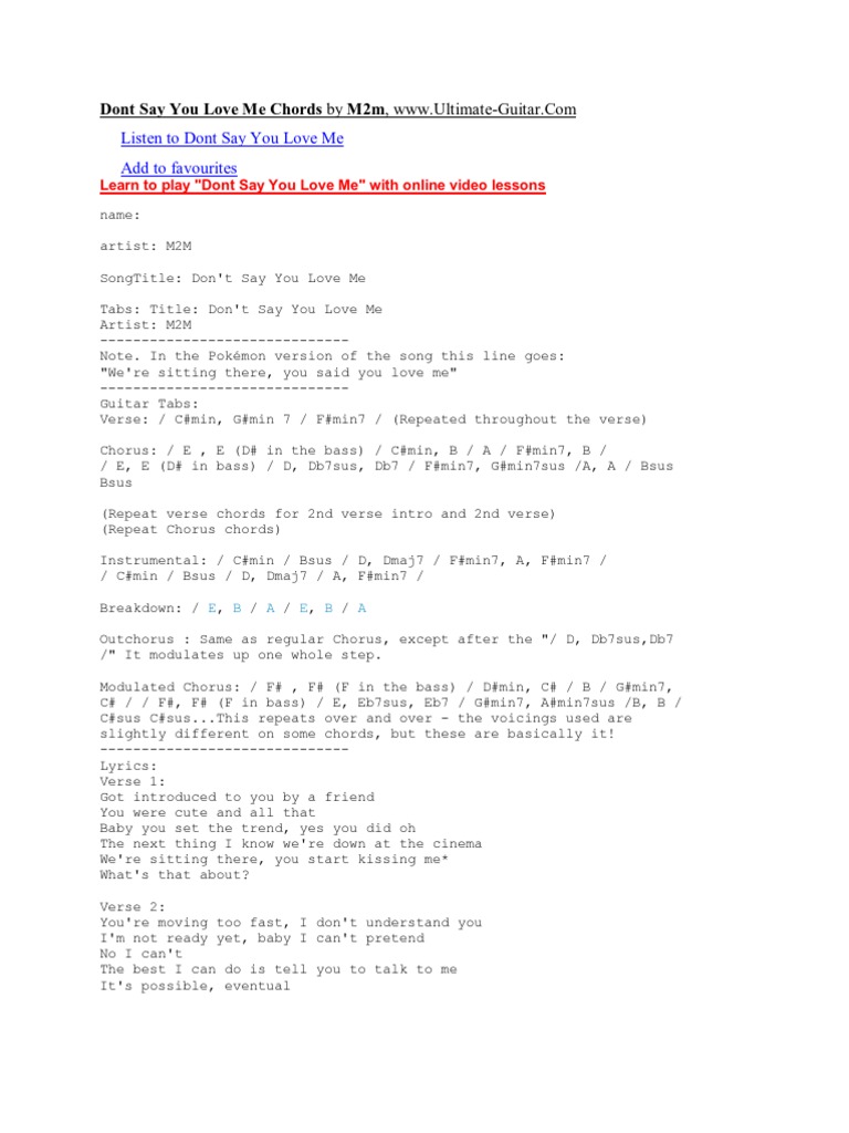 Dont Say You Love Me Chords By M2m Song Structure Vocal Music