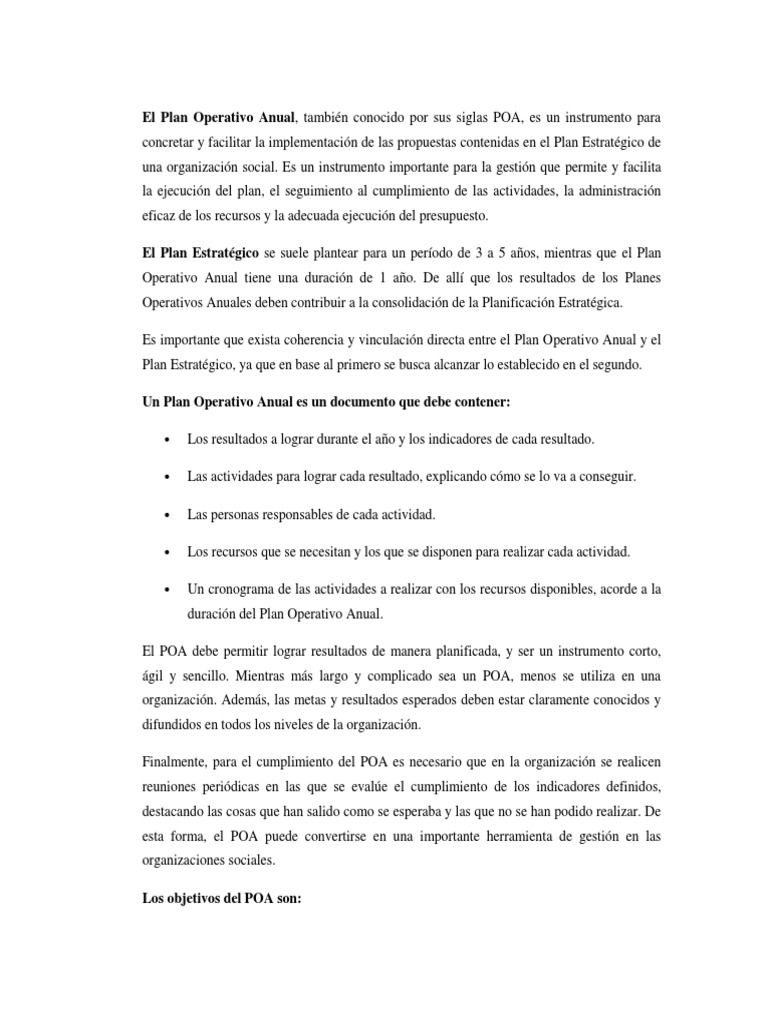 Guía del Plan Operativo Anual (POA) | PDF | Presupuesto | Planificación