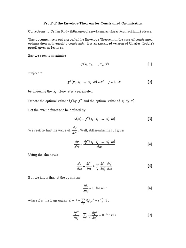 Envelope Theorem Proof PDF Mathematical Optimization Systems Analysis