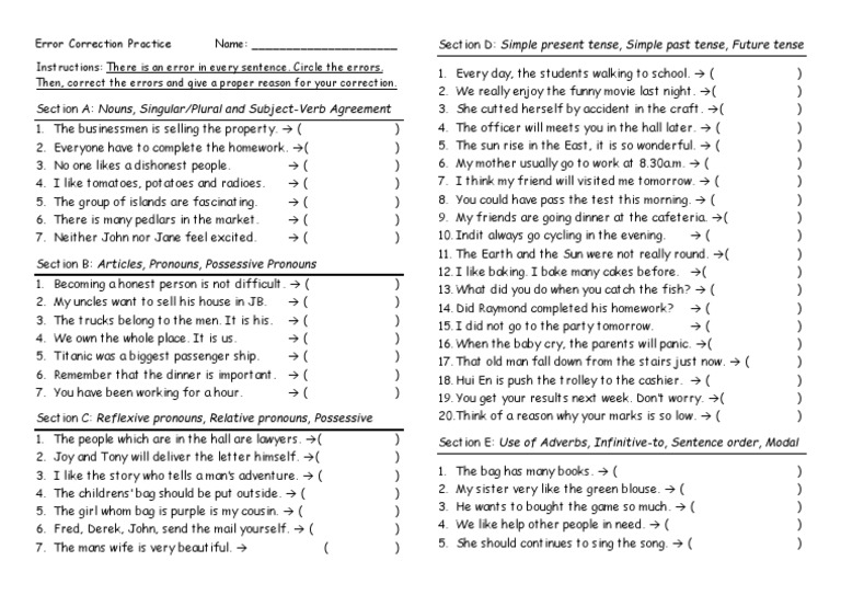 Error Correction Practice Grammatical Number Onomastics