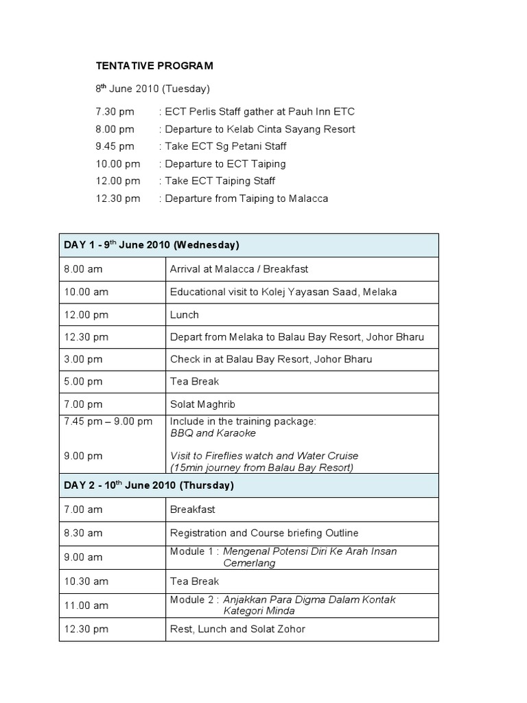 Tentative Program for Training Event | PDF | Food And Drink | Eating ...