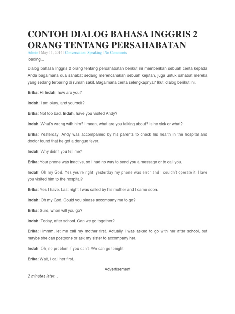 Contoh Dialog Bahasa Inggris 2 Orang Tentang Persahabatan