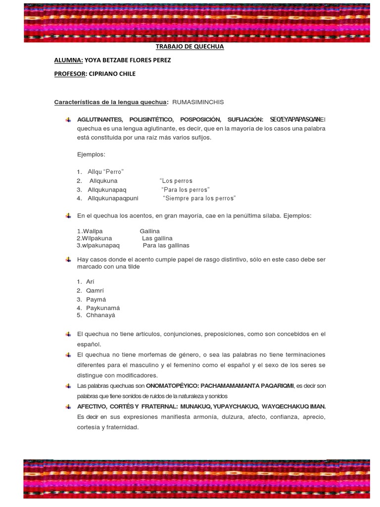 Trabajo de Quechua16set | PDF | Artes del Lenguaje y Comunicación ...