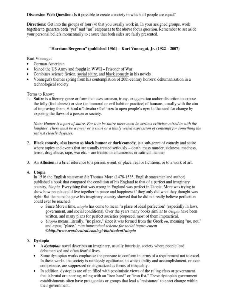 Harrison Bergeron Pre Reading Notes Dystopia Satire