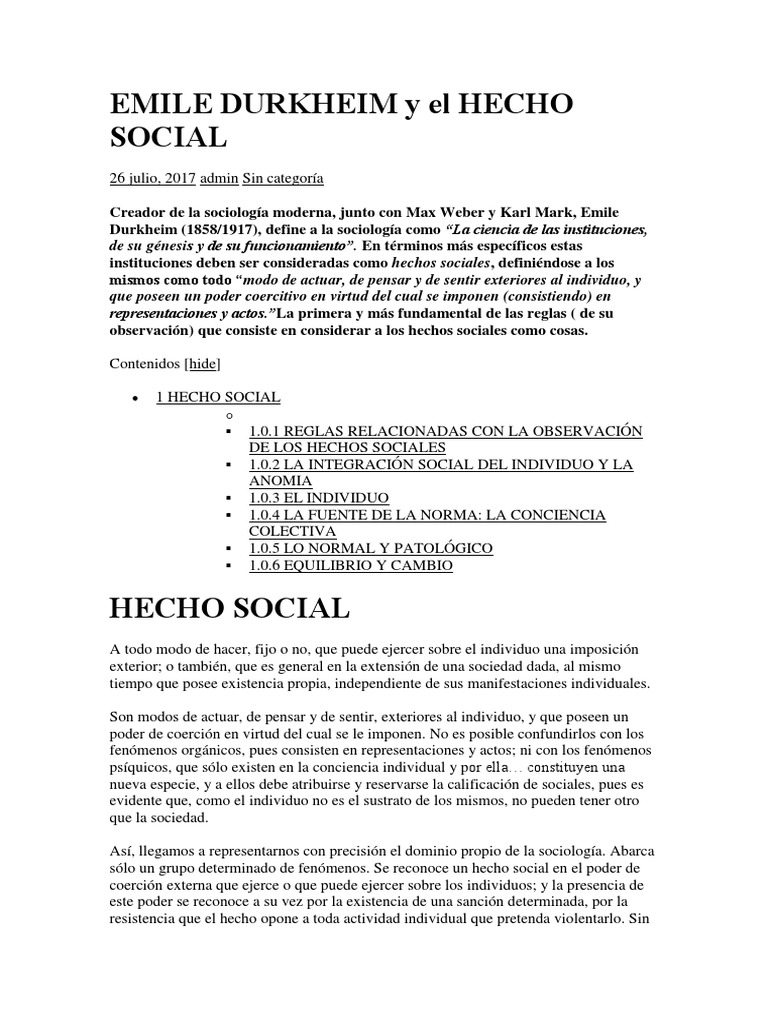 Emile Durkheim y El Hecho Social PDF Emile Durkheim Sociedad