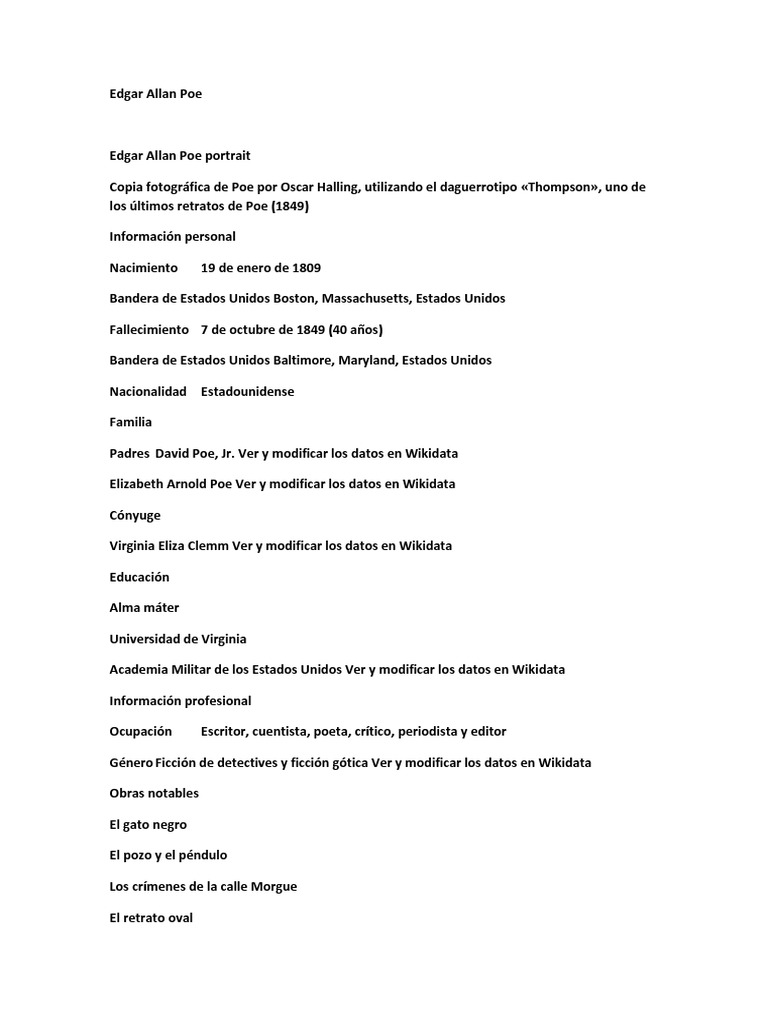 Breve biografía de Edgar Allan Poe Edgar Allan Poe