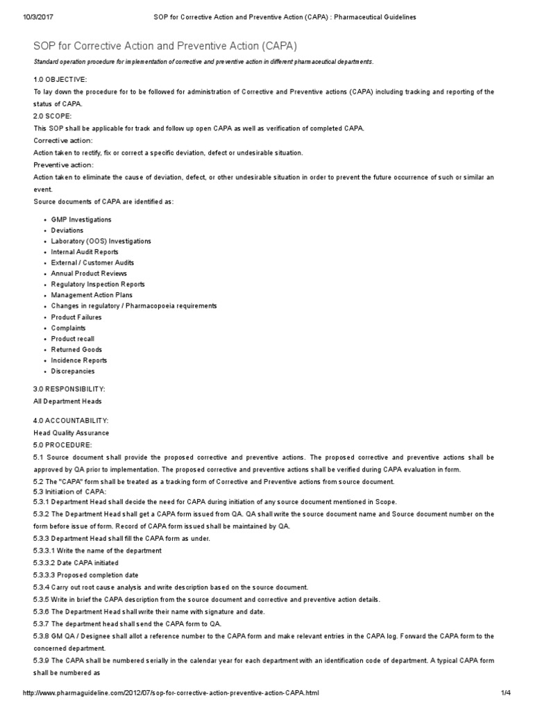 SOP For Corrective Action and Preventive Action (CAPA) - Pharmaceutical ...