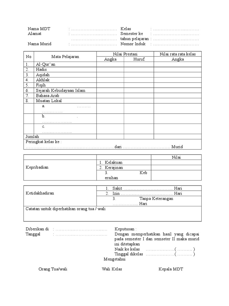 Contoh Format Raport Madrasah Diniyah | PDF | Olahraga & Rekreasi ...