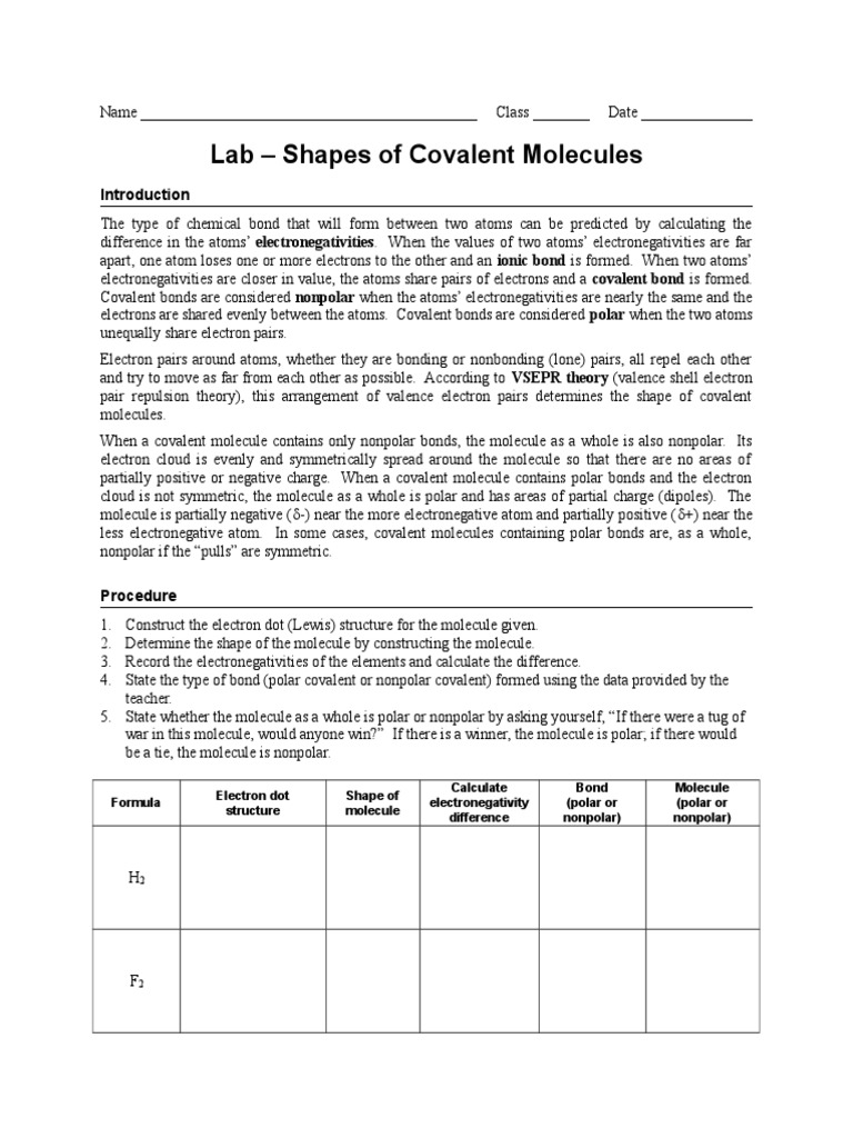 Lab Shapes Of Molecules Chemical Polarity Covalent Bond