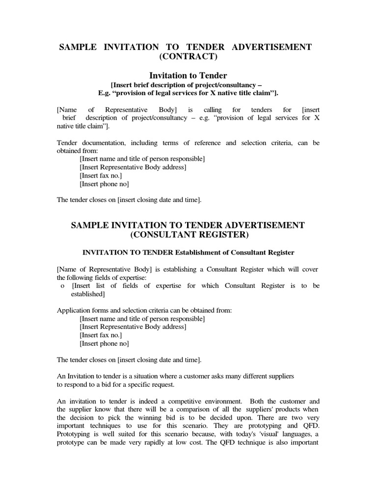 Sample Invitation To Tender Advertisement (Contract) Invitation To