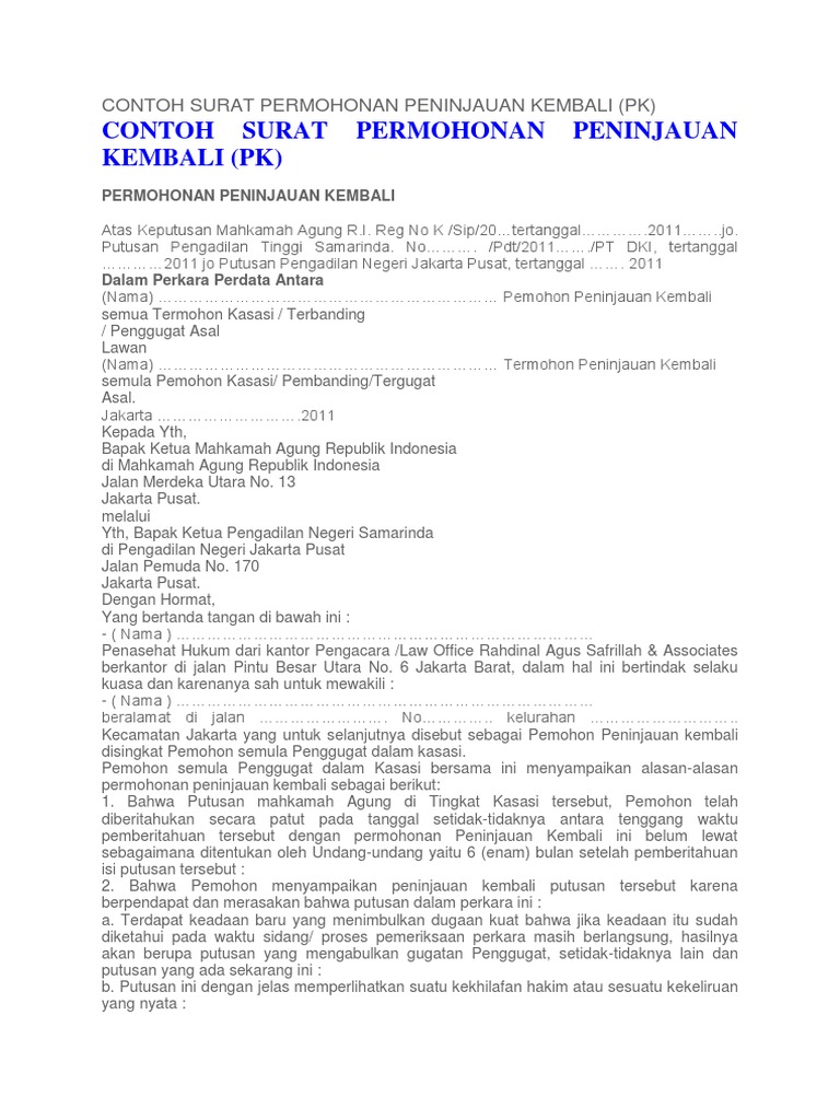 Contoh Surat Permohonan Peninjauan Kembali