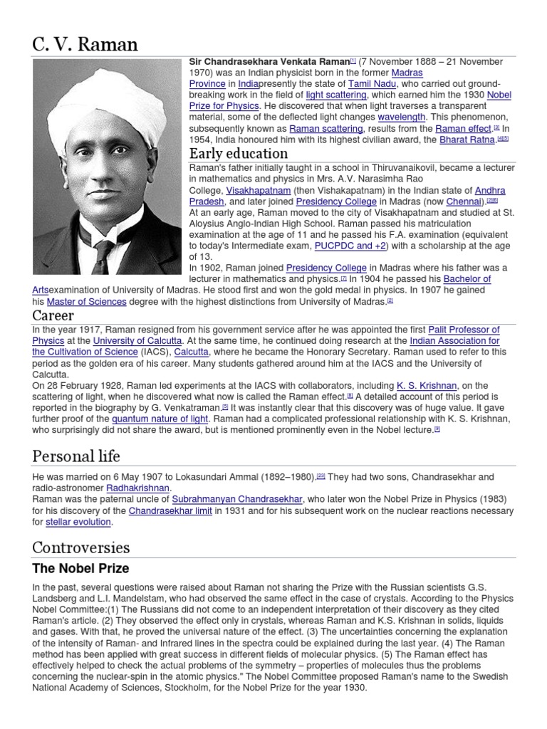 The Life and Scientific Achievements of Nobel Laureate C.V. Raman | PDF ...