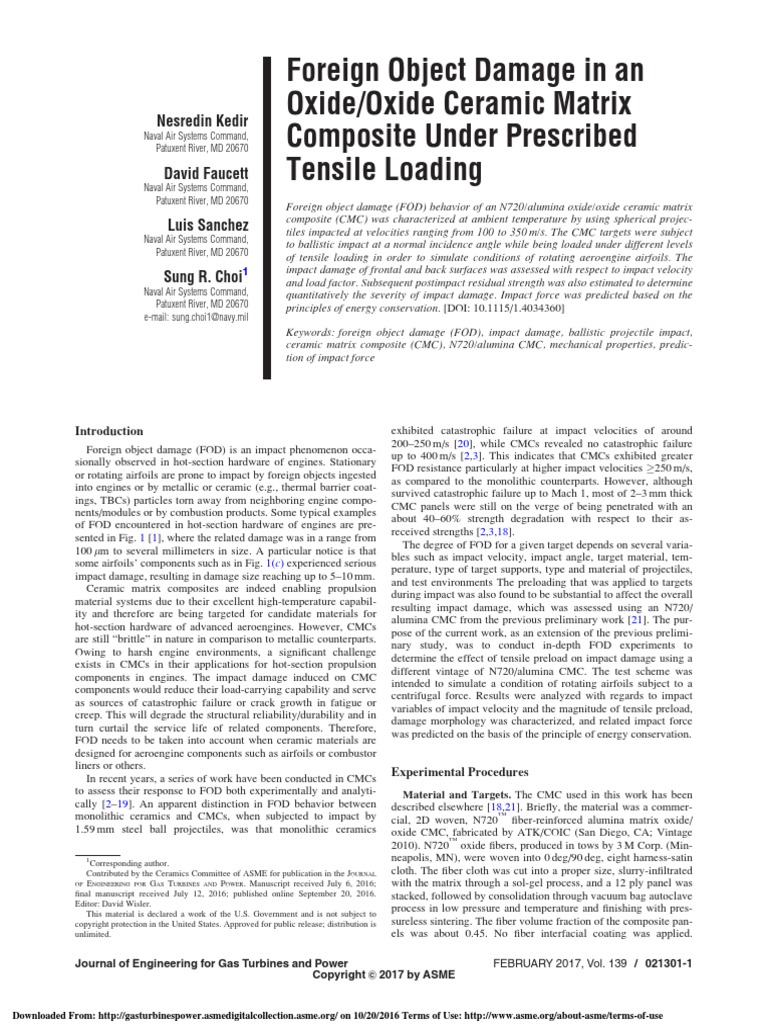 Foreign Object Damage in An Oxide/Oxide Ceramic Matrix Composite Under ...