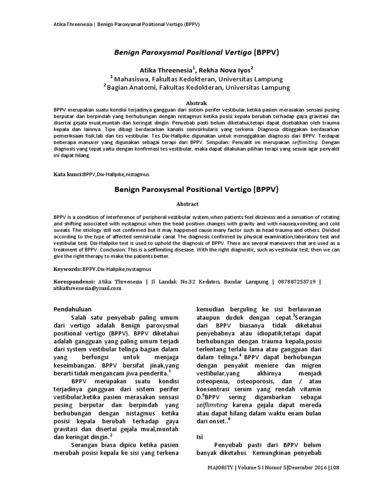 Pdf Benign Paroxysmal Positional Vertigo