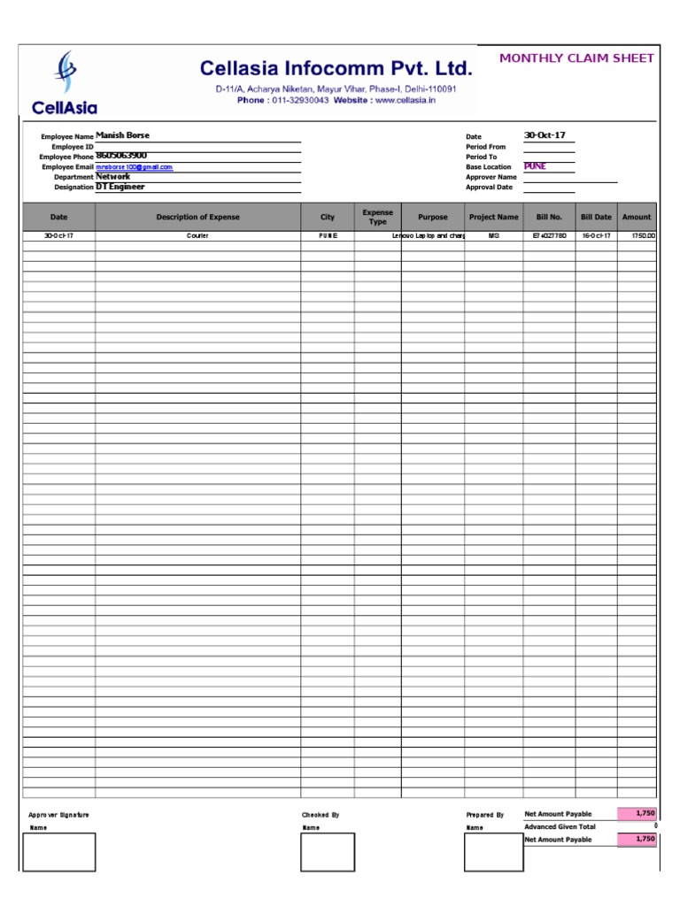 Monthly Expense Claim for Manish Borse | PDF