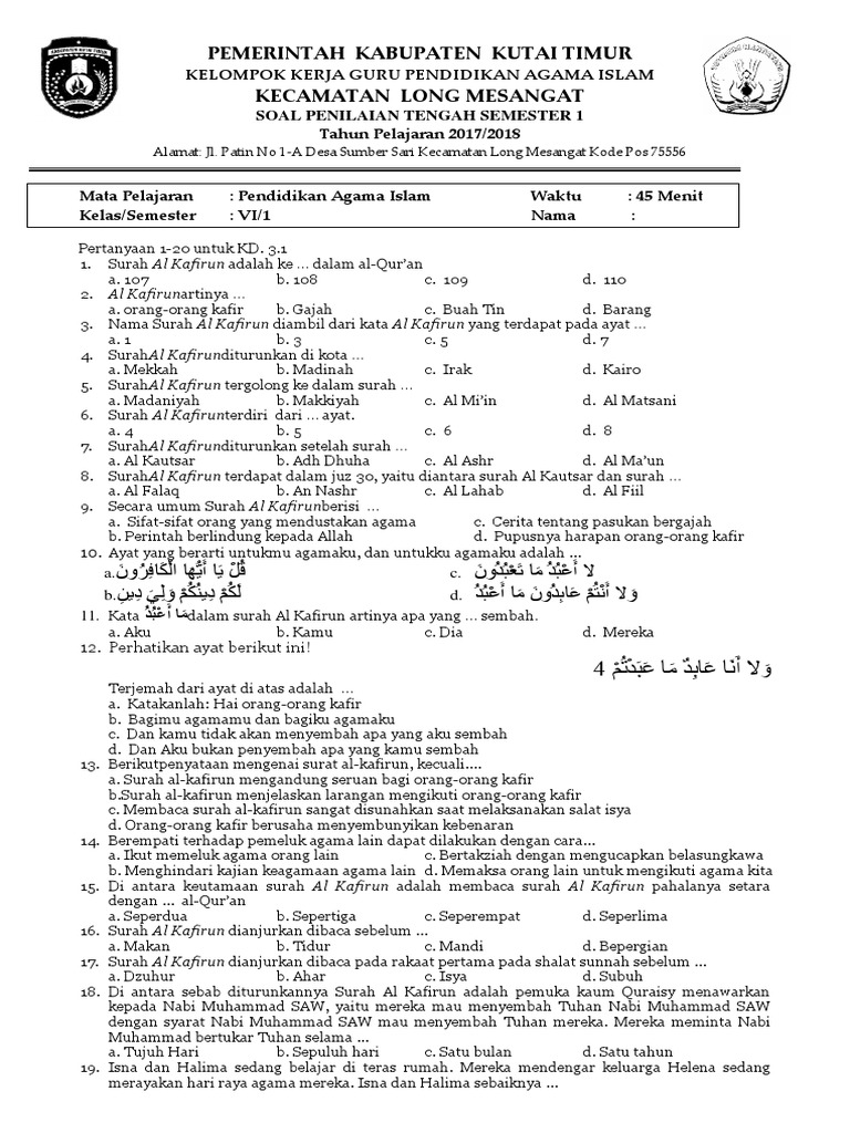 Soal Uts Pai Kelas I Sampai Vi Tahun 2017 2018