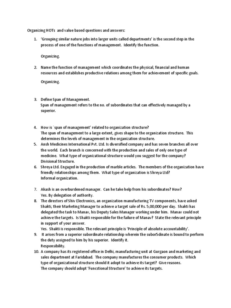 Organizing HOTs and Value Based Questions and Answers PDF