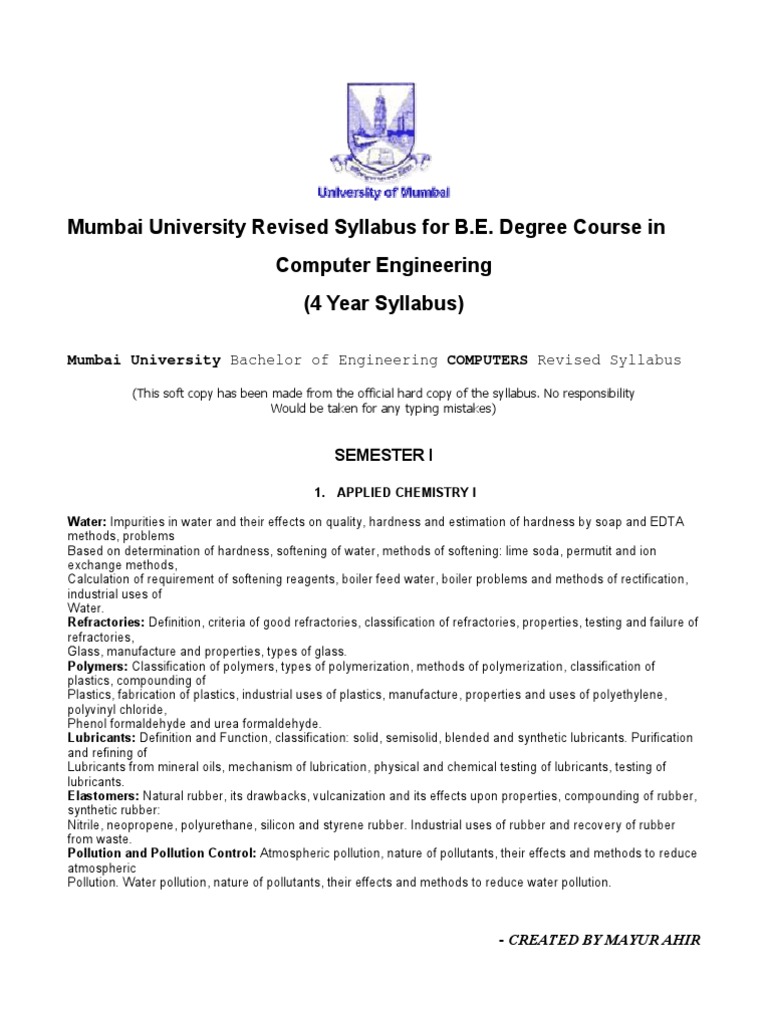 Mumbai University Bachelor of Engineering COMPUTERS Revised Syllabus