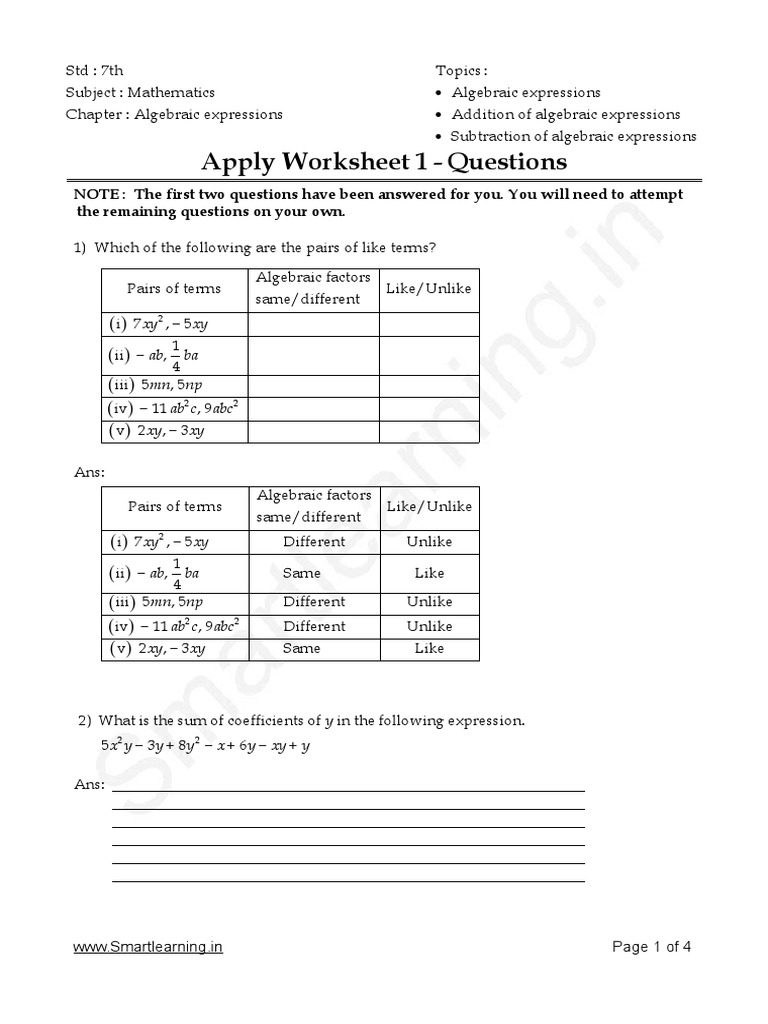 Algebraic Expressions Worksheet for 7th Grade | PDF | Algebra ...