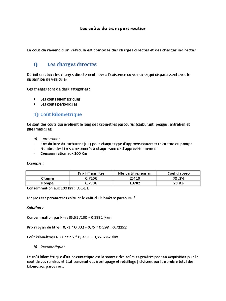 Calcul Cout De Revient Transport Routier Pdf Calcul Du Cout Du Transport Routier | PDF | Dépréciation | Pneumatique  (véhicule)