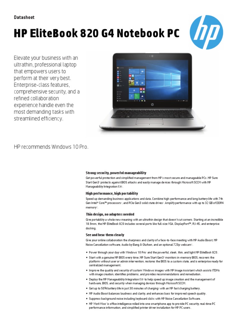 Descripcion Hp Elitebook 820 G4 Windows 10 Laptop