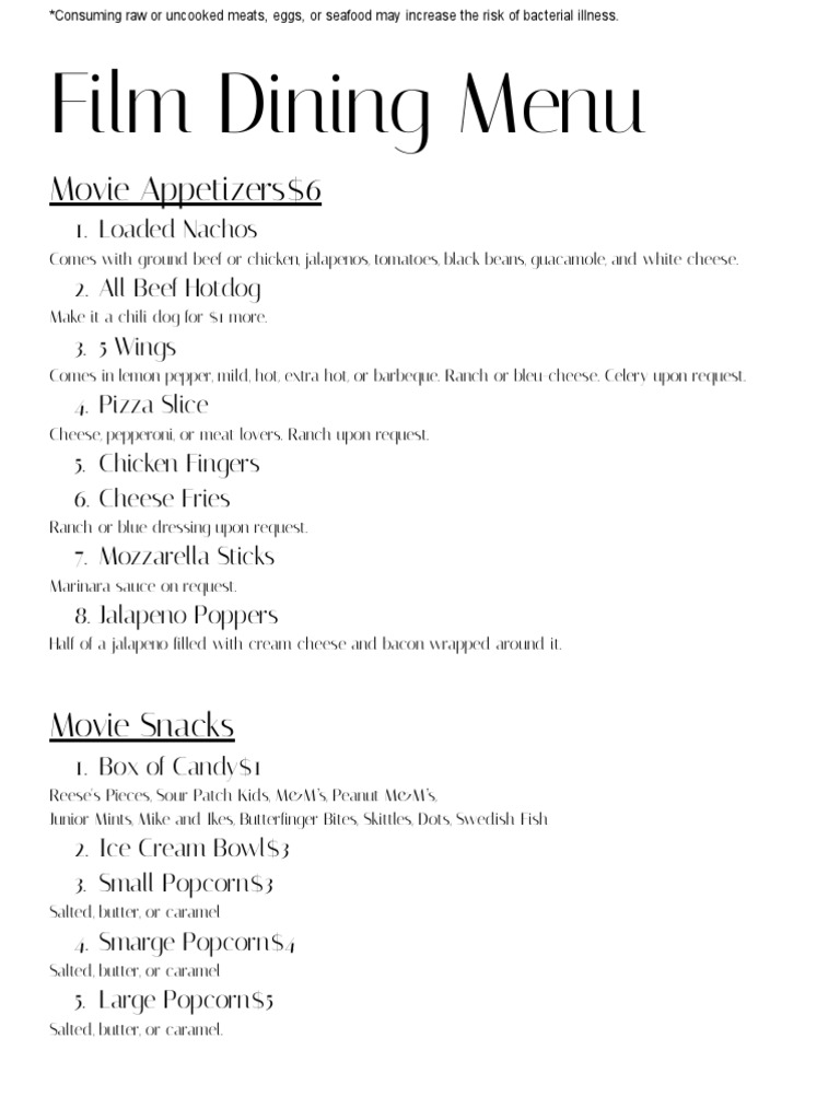 Movie Dining Menu and Snack Options | PDF