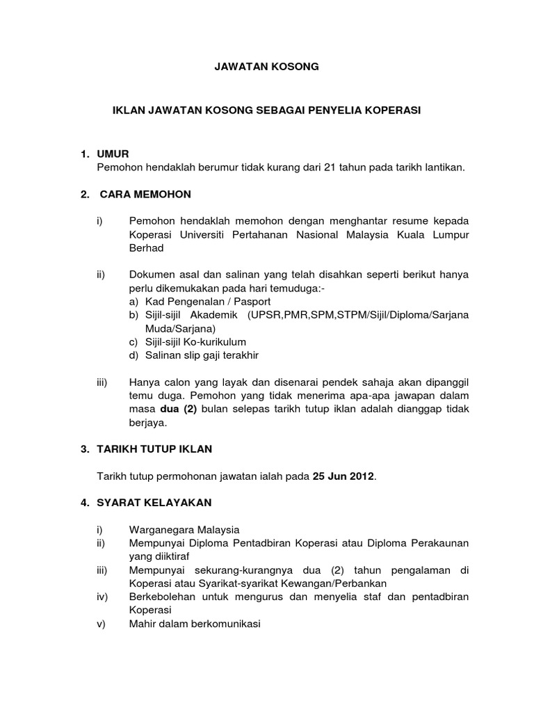 Contoh Jawatan Kosong Koperasi Pdf