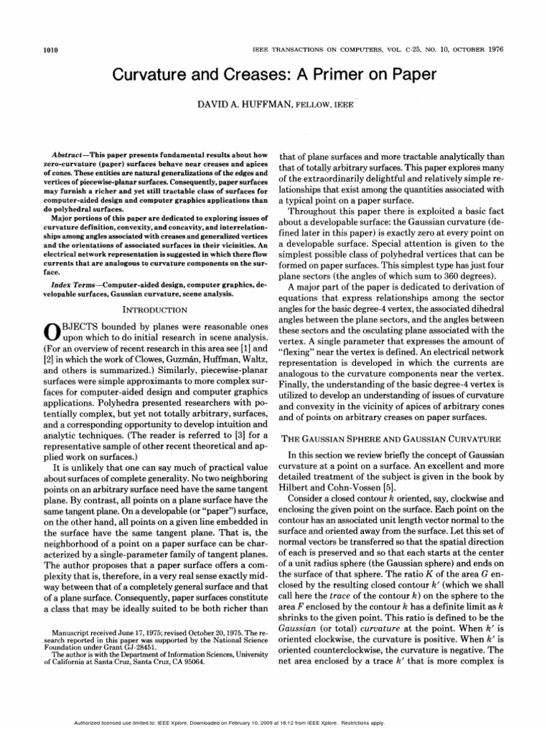 Curvature and Creases A Primer Paper Objects Analysis PDF Trigonometric Functions Sine