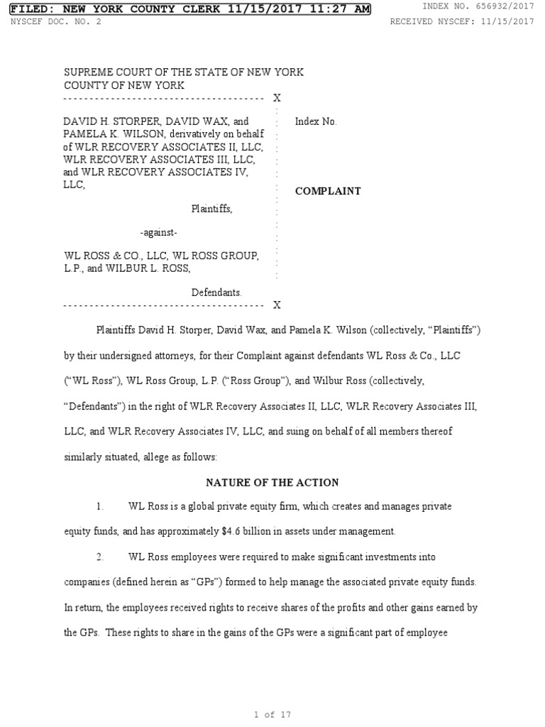 WL Ross Complaint PDF Limited Partnership Fiduciary