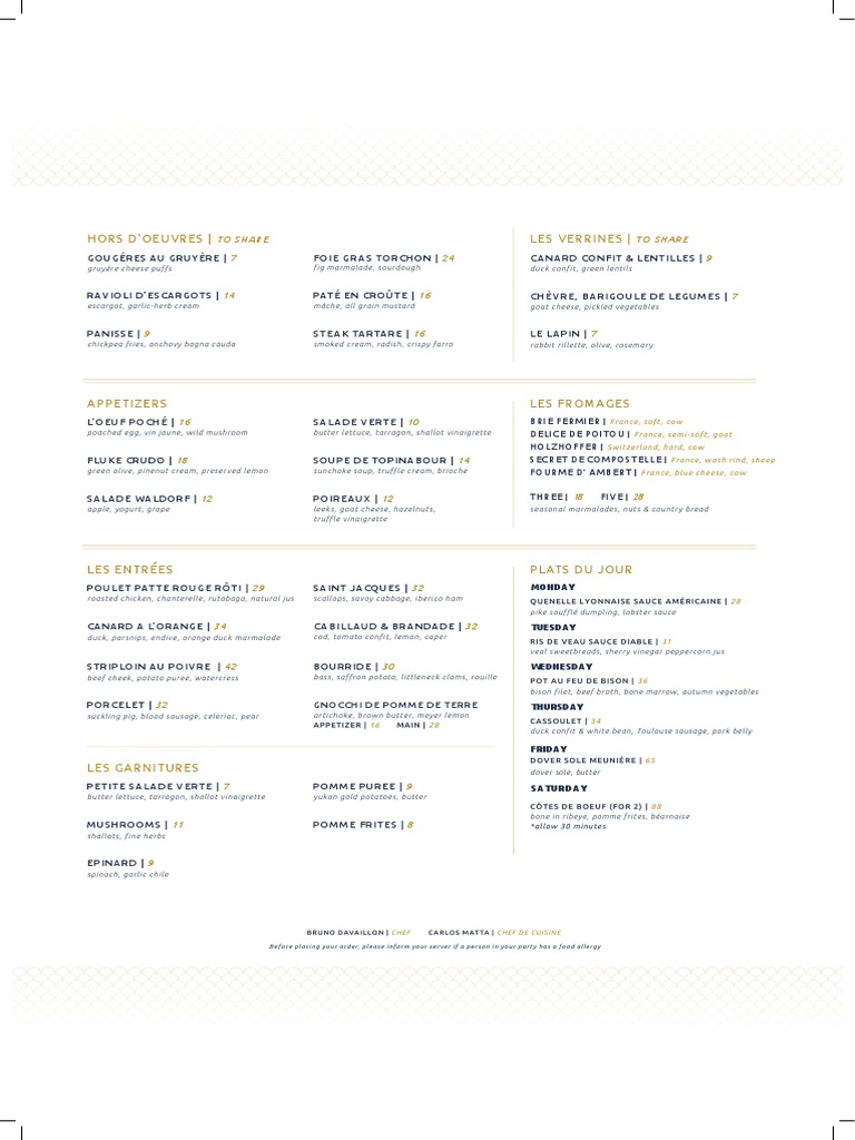 Bullion Dinner Menu PDF Foods European Cuisine