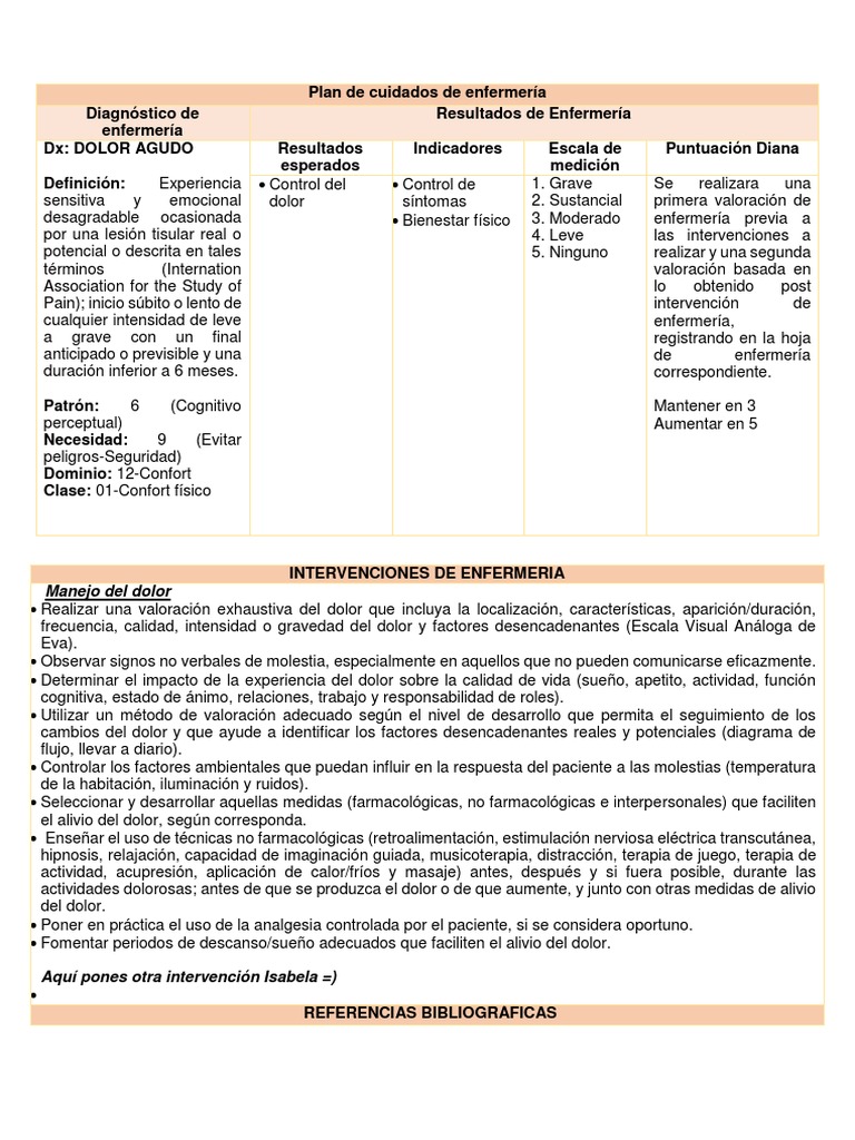 Plan de cuidados Dolor Enfermería