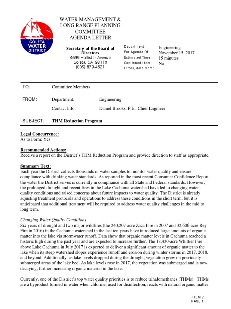 Goleta Water District THM Reduction Program PDF Water Resources