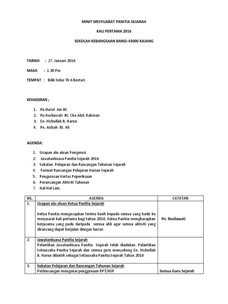 Minit Mesyuarat Panitia Sejarah Pdf