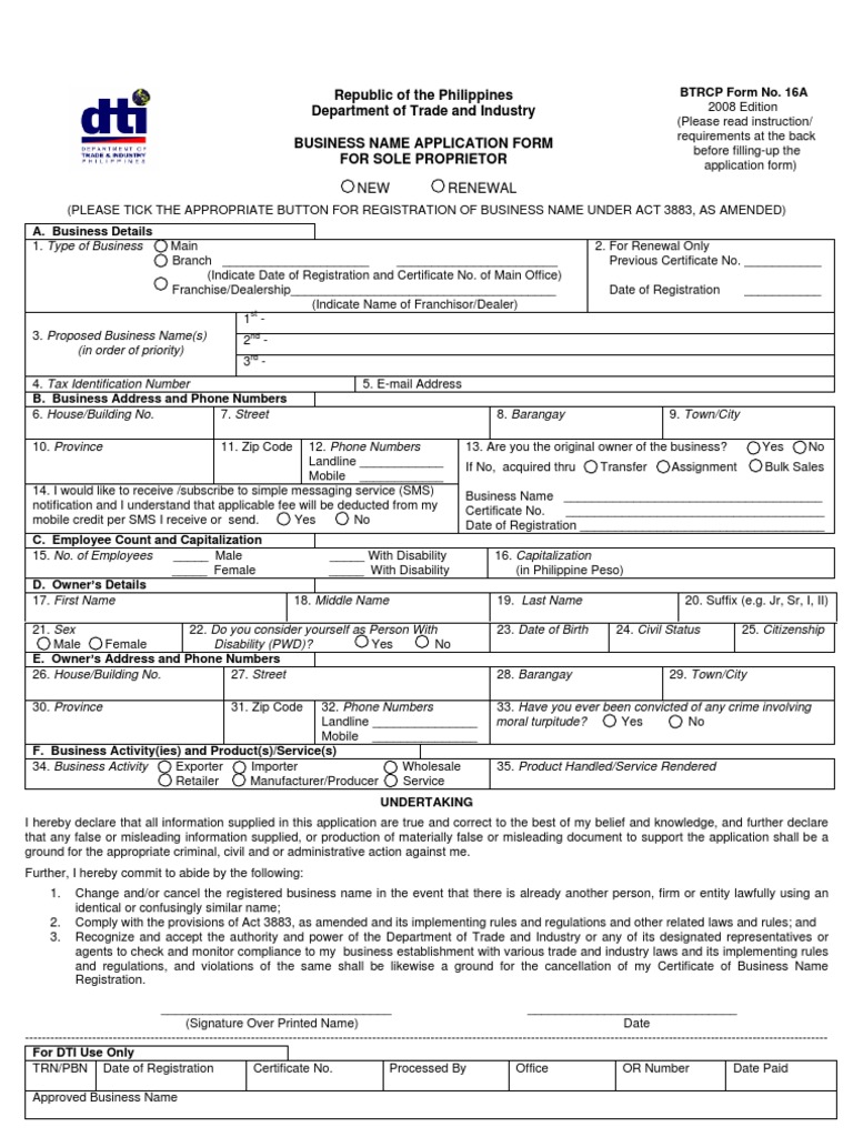 DTI_BN Application Form for Sole Proprietor_Form No. 16A Franchising