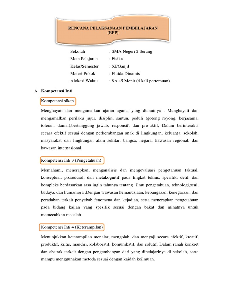 Rencana Pelaksanaan Pembelajaran Fluida Dinamis Baru